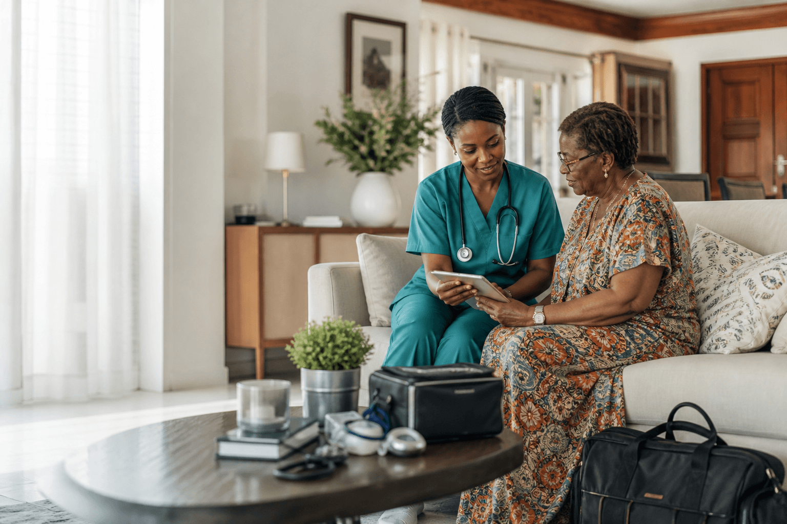 Sage nurse providing one-to-one care for a client in a home living room